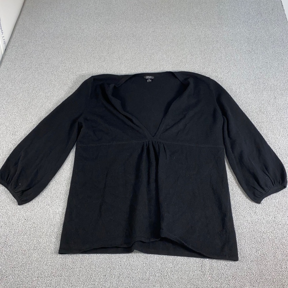 Prive Cashmere V-Neck Sweater Women XL Black 3/4 Sleeve Empire Waist Knit Top 80